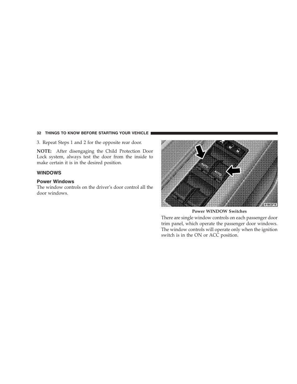 Windows, Power windows | Dodge 2008 Charger SRT8 User Manual | Page 34 / 442