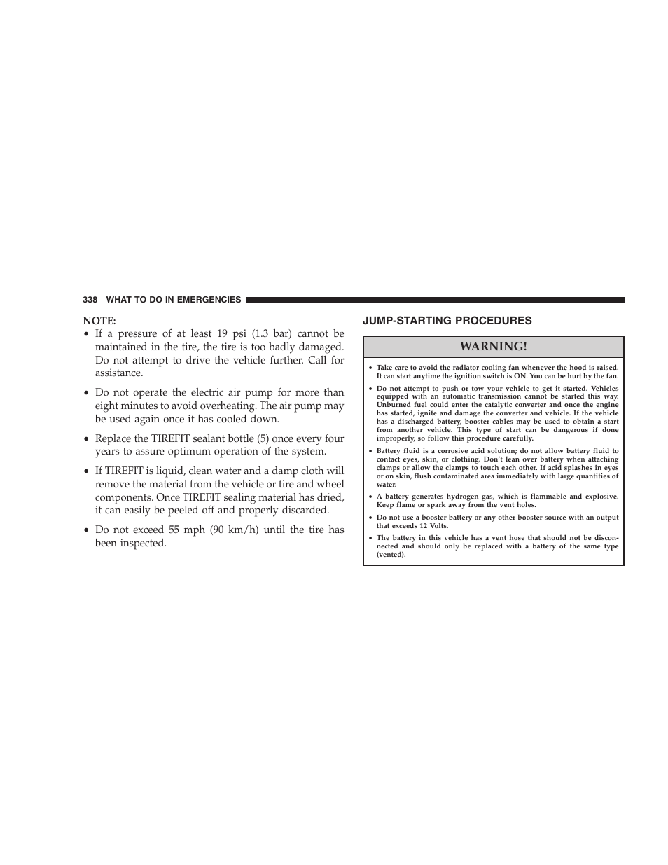 Jump-starting procedures, Trailer towing, Recreational towing (behind motorhome, etc.) | Towing this vehicle behind another vehicle, Flat towing with all four wheels on the ground), Warning | Dodge 2008 Charger SRT8 User Manual | Page 340 / 442