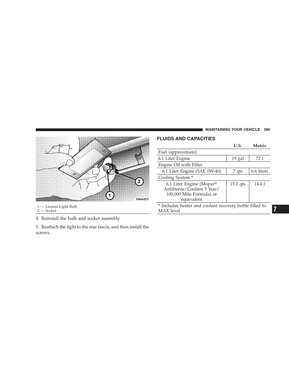 Fluids and capacities | Dodge 2008 Charger SRT8 User Manual | Page 397 / 442