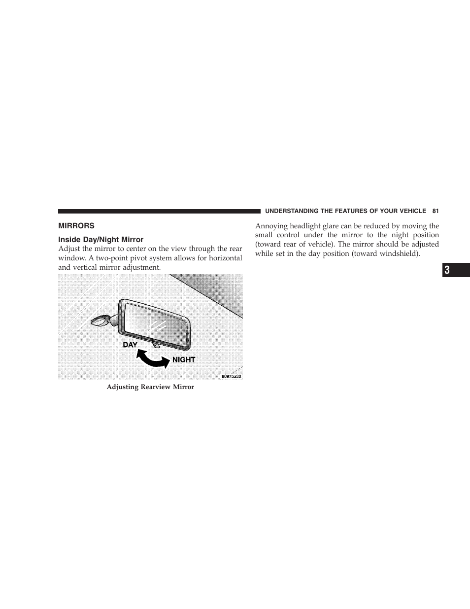 Mirrors, Inside day/night mirror | Dodge 2008 Charger SRT8 User Manual | Page 83 / 442