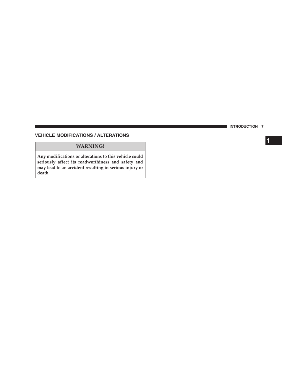 Vehicle modifications / alterations | Dodge 2008 Charger SRT8 User Manual | Page 9 / 442