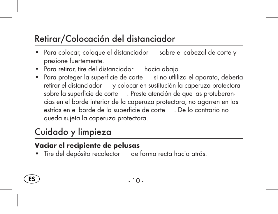 Retirar/colocación del distanciador, Cuidado y limpieza | Aquapur KH1919 Lint Remover User Manual | Page 11 / 83