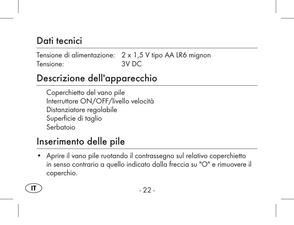 Dati tecnici, Descrizione dell'apparecchio, Inserimento delle pile | Aquapur KH1919 Lint Remover User Manual | Page 23 / 83