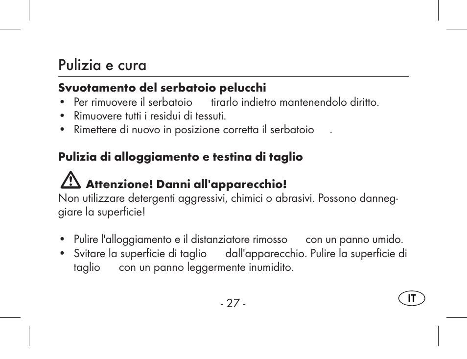 Pulizia e cura | Aquapur KH1919 Lint Remover User Manual | Page 28 / 83