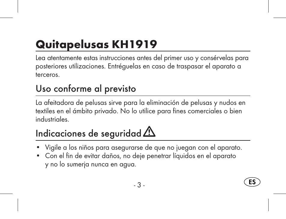 Quitapelusas kh1919, Uso conforme al previsto, Indicaciones de seguridad | Aquapur KH1919 Lint Remover User Manual | Page 4 / 83