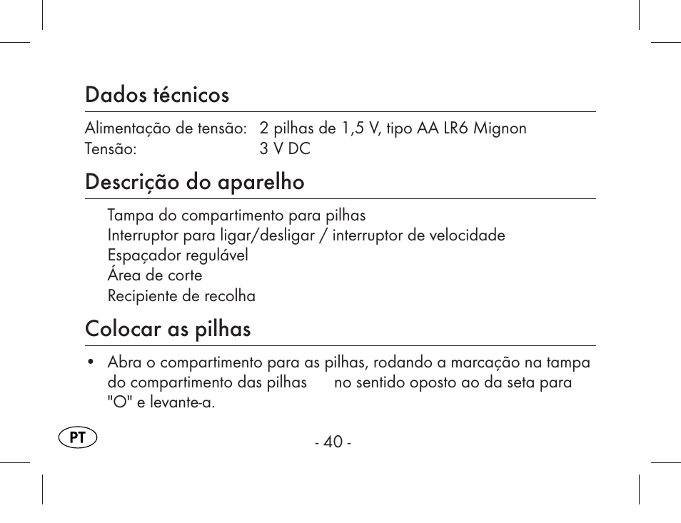 Dados técnicos, Descrição do aparelho, Colocar as pilhas | Aquapur KH1919 Lint Remover User Manual | Page 41 / 83