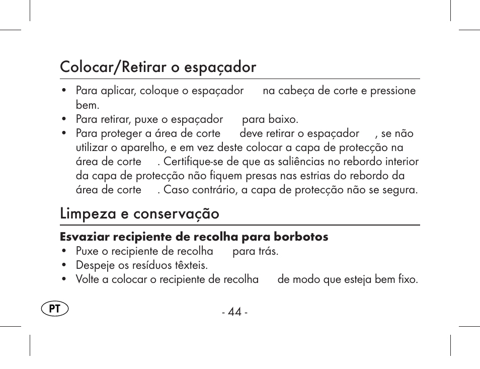 Colocar/retirar o espaçador, Limpeza e conservação | Aquapur KH1919 Lint Remover User Manual | Page 45 / 83