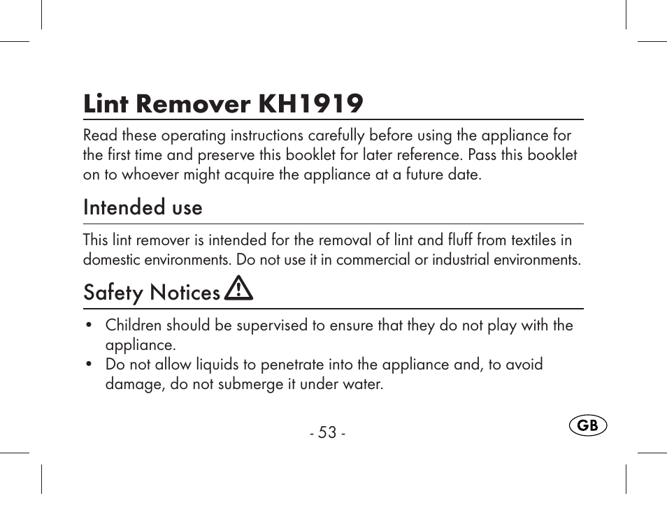 Lint remover kh1919, Intended use, Safety notices | Aquapur KH1919 Lint Remover User Manual | Page 54 / 83