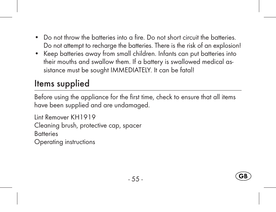 Items supplied | Aquapur KH1919 Lint Remover User Manual | Page 56 / 83