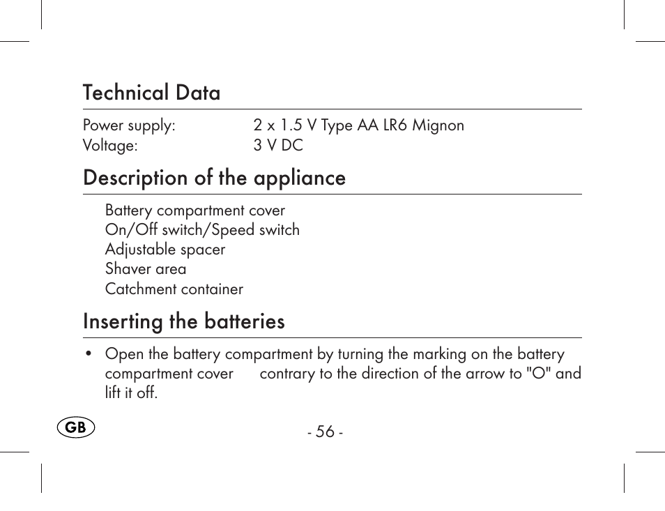 Technical data, Description of the appliance, Inserting the batteries | Aquapur KH1919 Lint Remover User Manual | Page 57 / 83