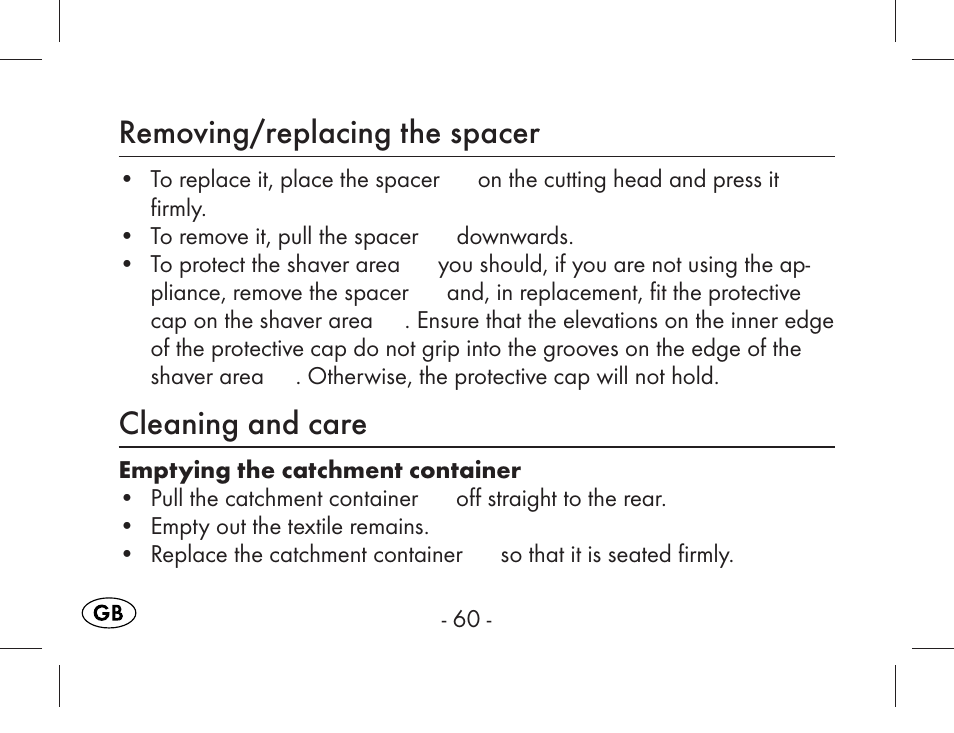 Removing/replacing the spacer, Cleaning and care | Aquapur KH1919 Lint Remover User Manual | Page 61 / 83