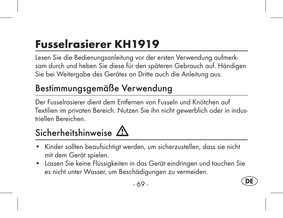Fusselrasierer kh1919, Bestimmungsgemäße verwendung, Sicherheitshinweise | Aquapur KH1919 Lint Remover User Manual | Page 70 / 83