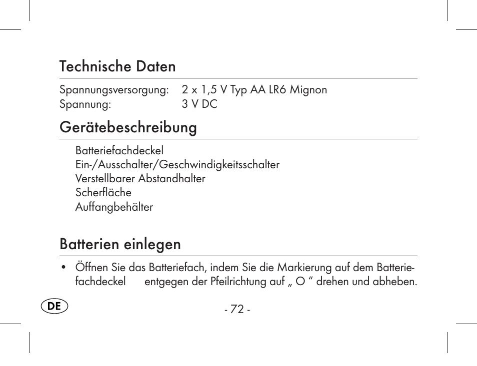 Technische daten, Gerätebeschreibung, Batterien einlegen | Aquapur KH1919 Lint Remover User Manual | Page 73 / 83