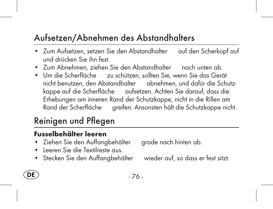 Aufsetzen/abnehmen des abstandhalters, Reinigen und pﬂ egen | Aquapur KH1919 Lint Remover User Manual | Page 77 / 83