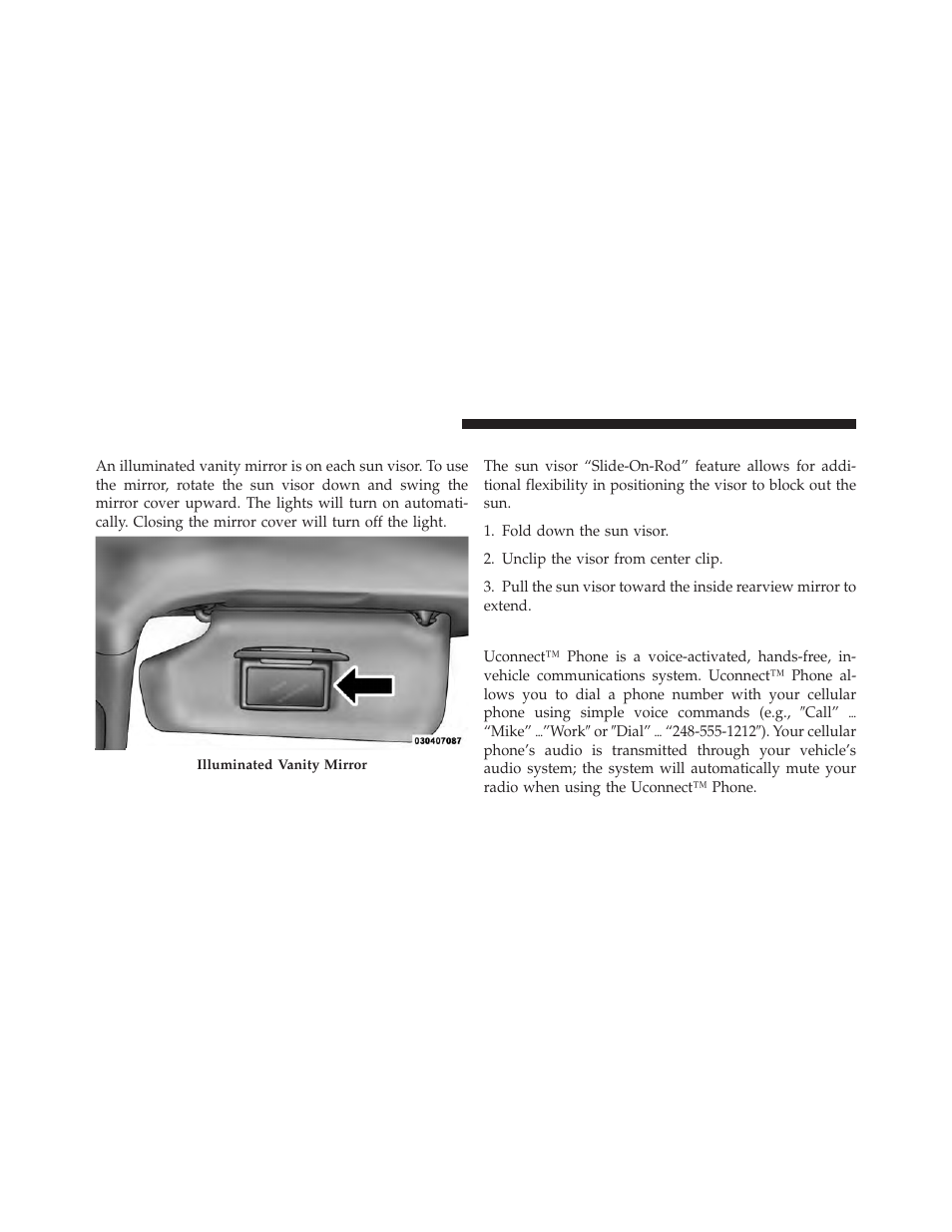 Illuminated vanity mirrors — if equipped, Sun visor “slide-on-rod” feature, Uconnect™ phone — if equipped | Dodge 2010 Nitro User Manual | Page 101 / 498