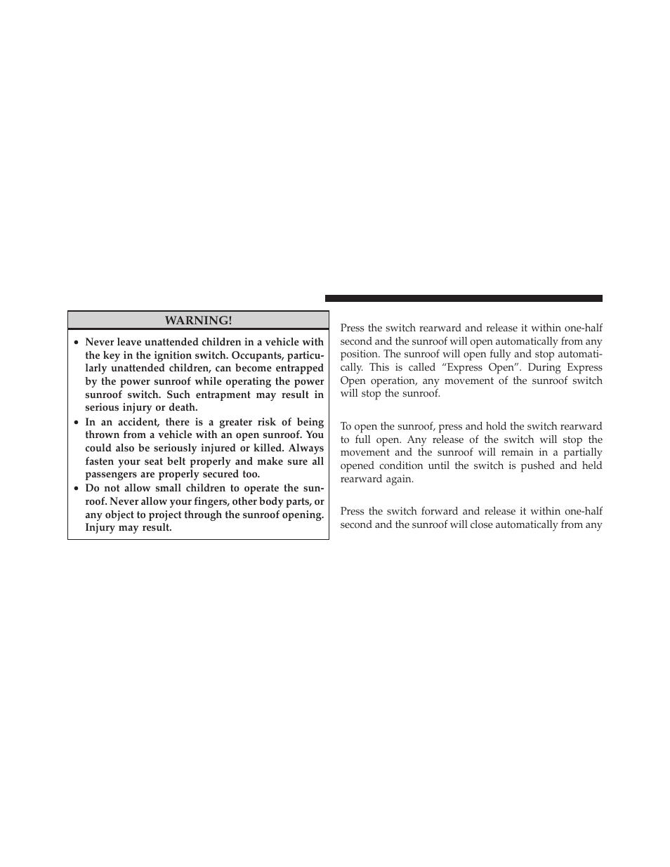 Opening sunroof — express, Opening sunroof — manual mode, Closing sunroof — express | Dodge 2010 Nitro User Manual | Page 173 / 498