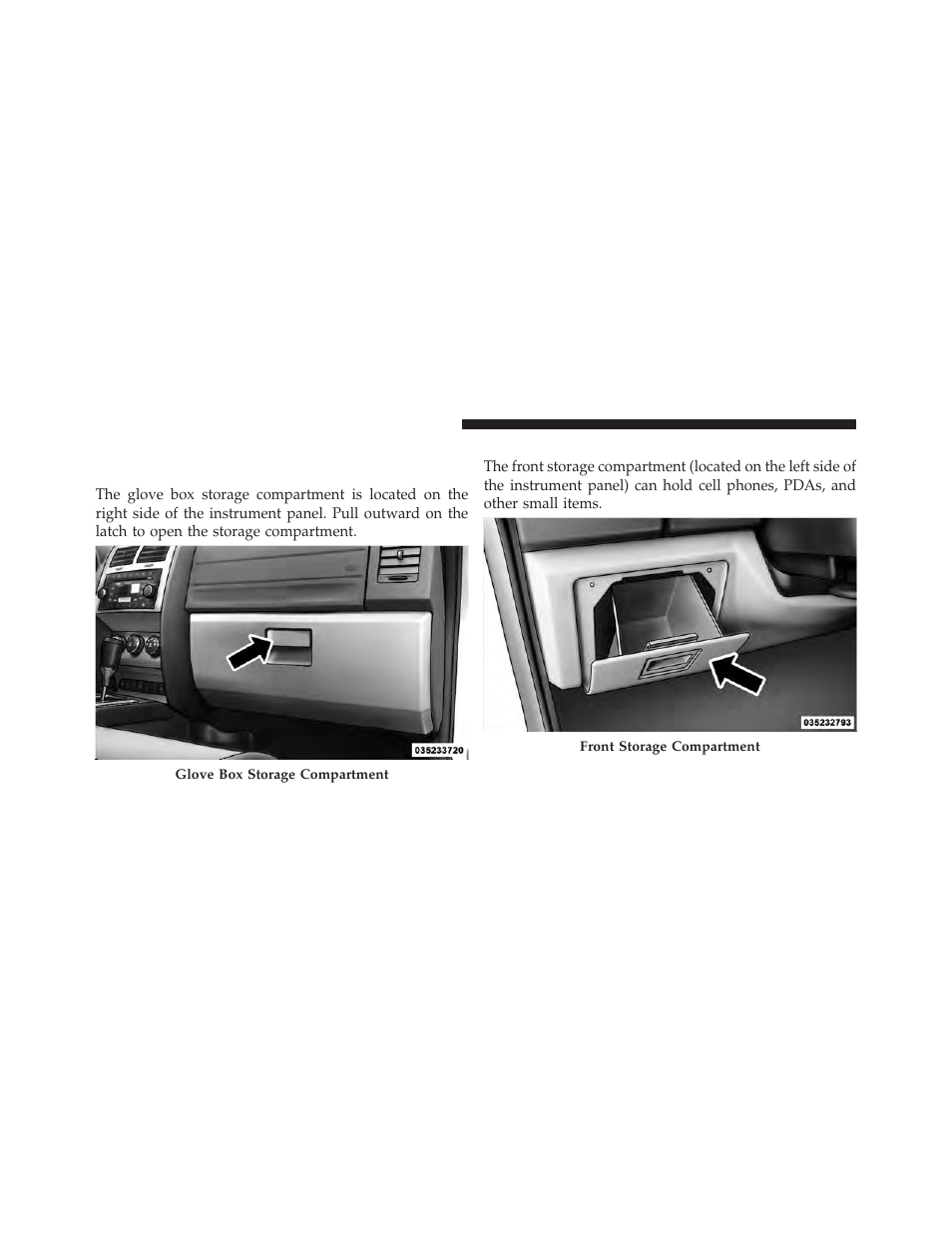 Storage, Glove box storage compartment, Front storage compartment | Dodge 2010 Nitro User Manual | Page 179 / 498