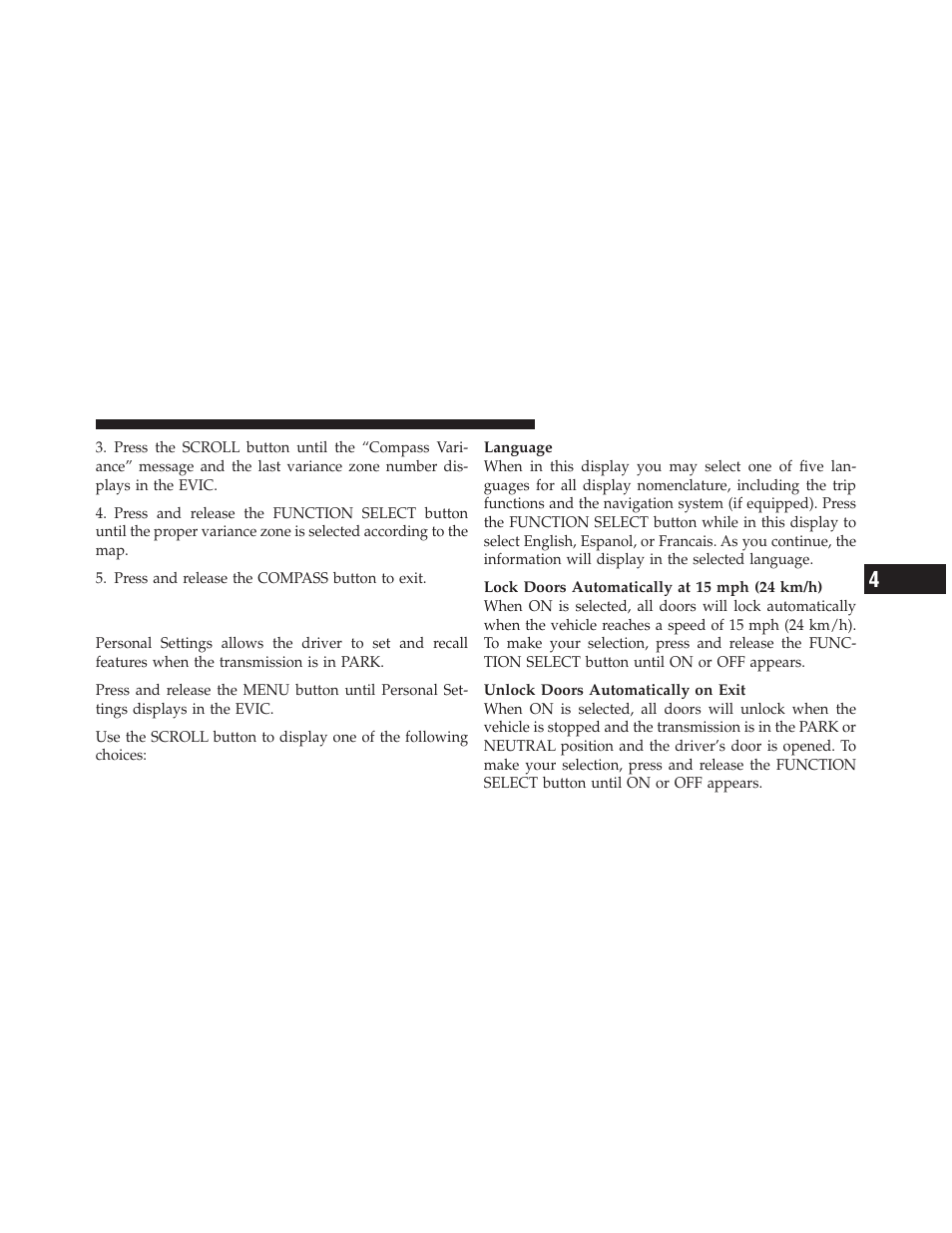 Personal settings (customer-programmable features), Personal settings (customer-programmable, Features) | Dodge 2010 Nitro User Manual | Page 220 / 498