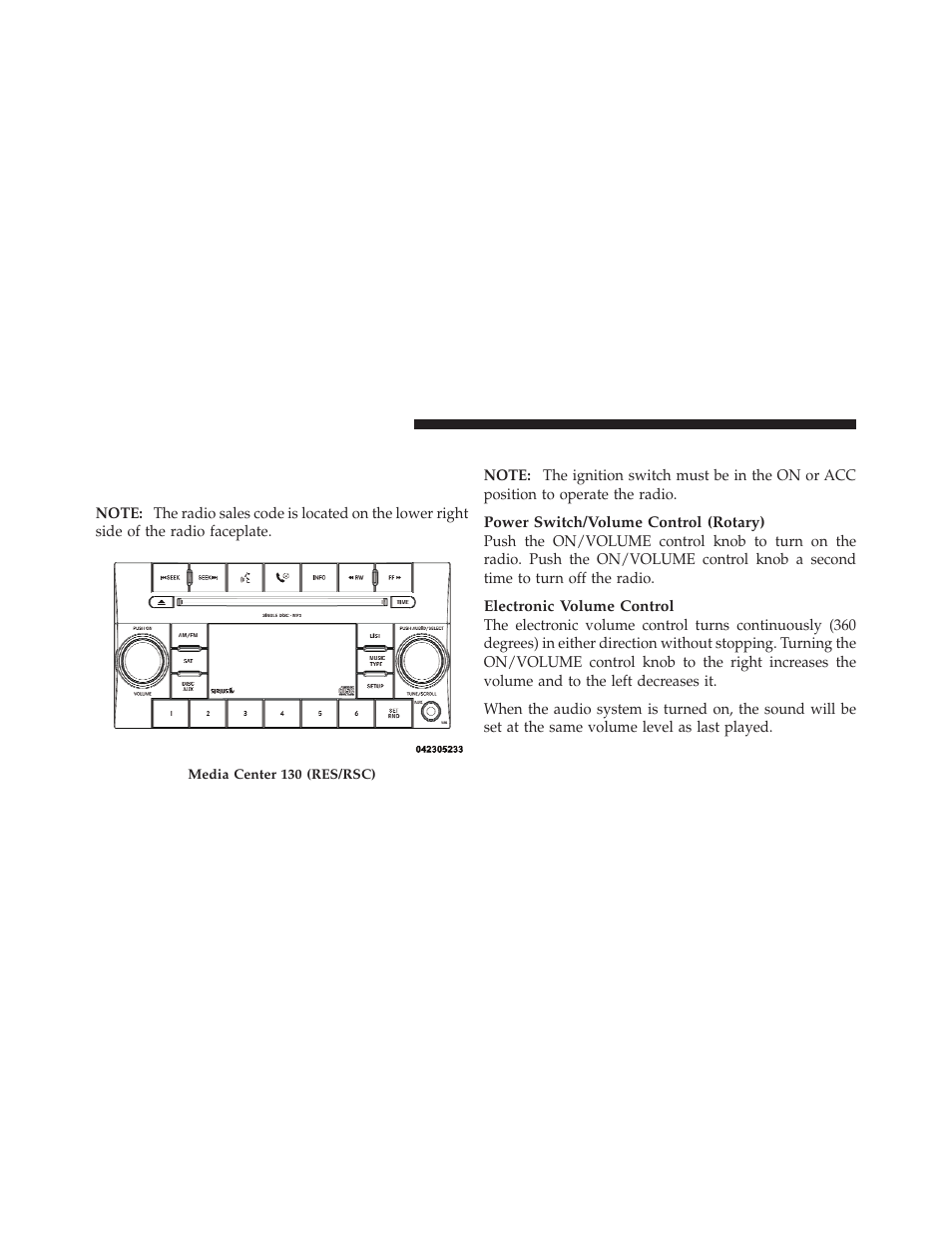Operating instructions — radio mode, Media center 130 (res/rsc) — am/fm | Dodge 2010 Nitro User Manual | Page 253 / 498