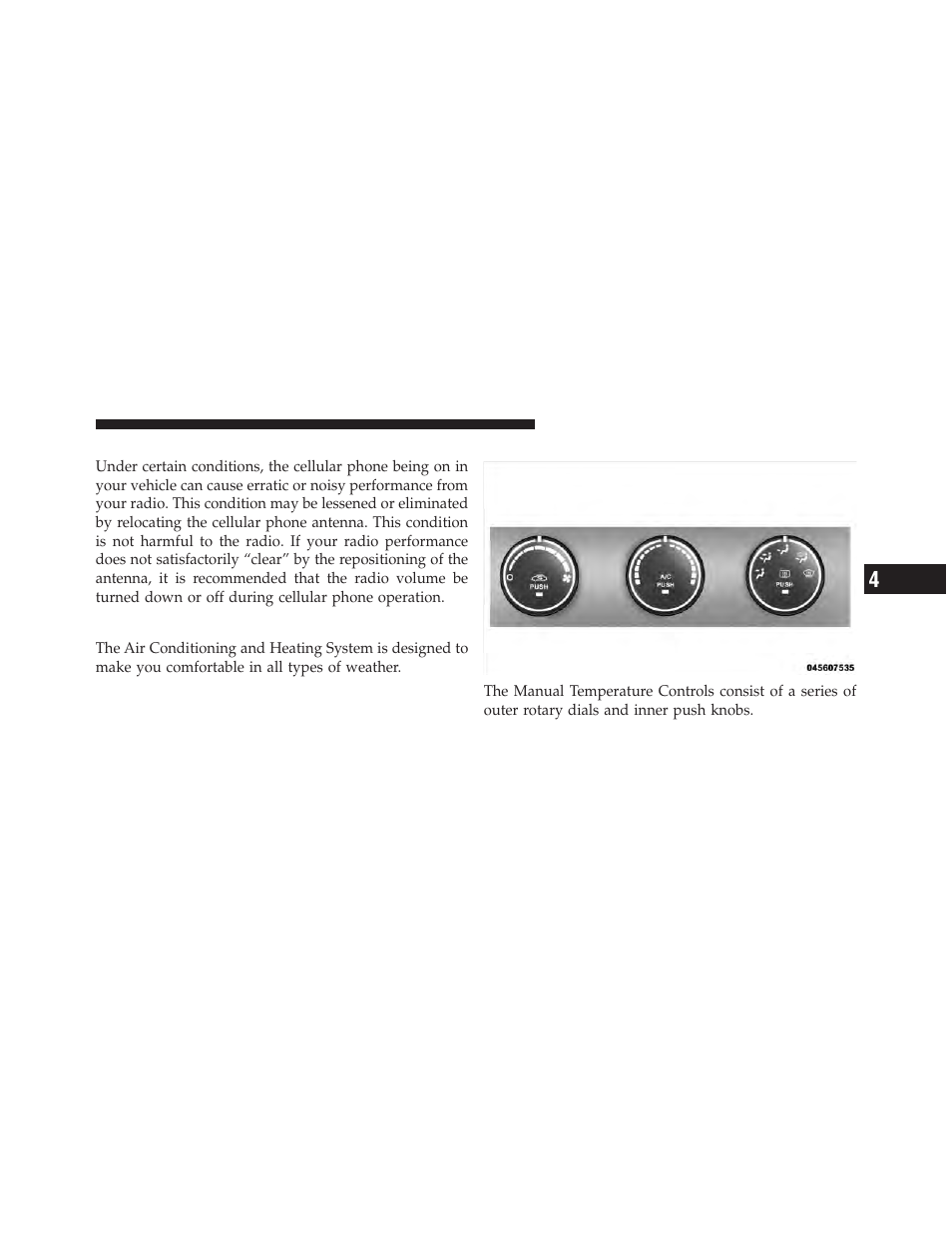Radio operation and cellular phones, Climate controls, Manual heating and air conditioning | Dodge 2010 Nitro User Manual | Page 276 / 498