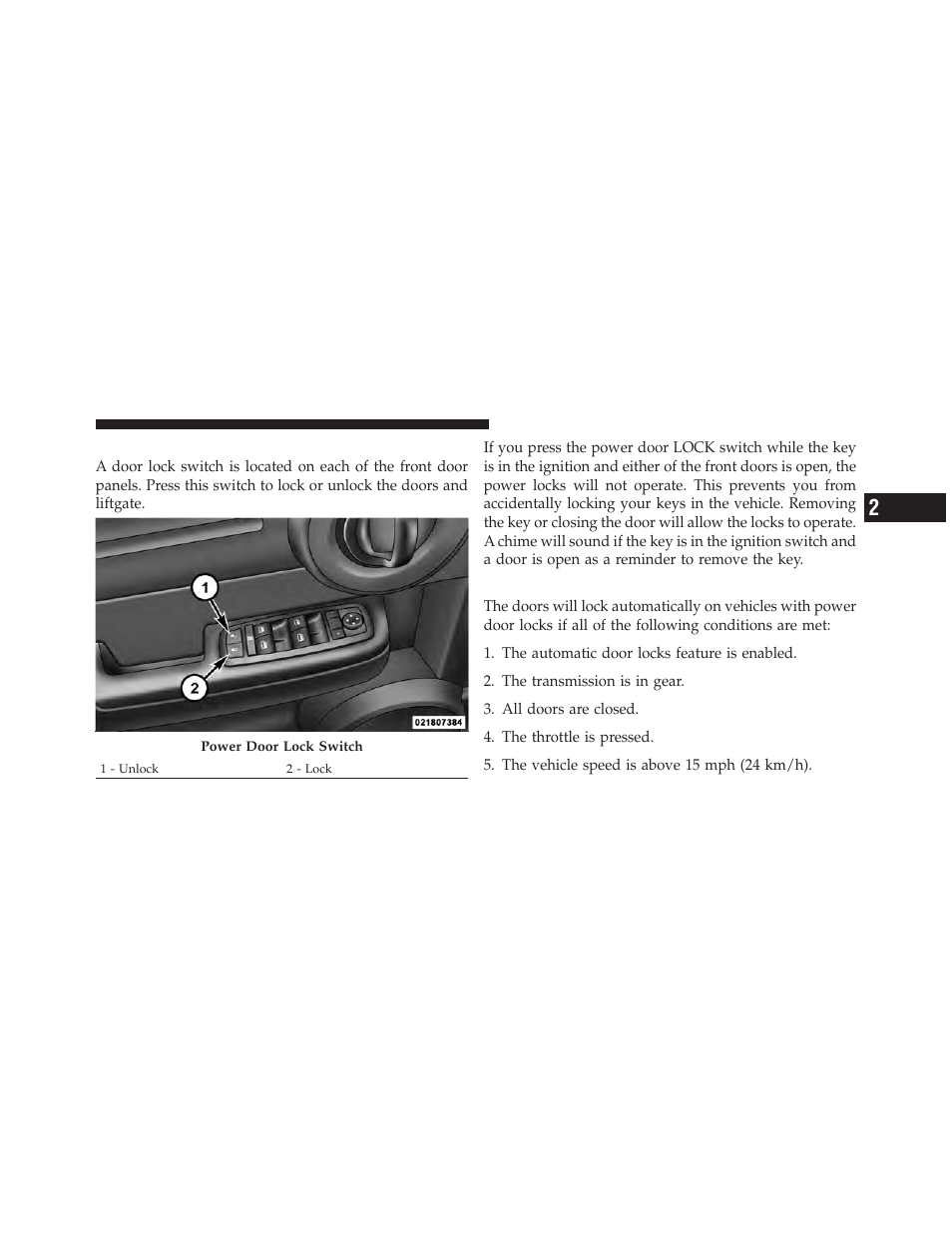 Power door locks, Automatic door locks | Dodge 2010 Nitro User Manual | Page 30 / 498