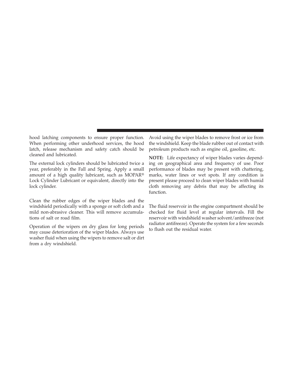 Windshield wiper blades, Adding washer fluid | Dodge 2010 Nitro User Manual | Page 415 / 498