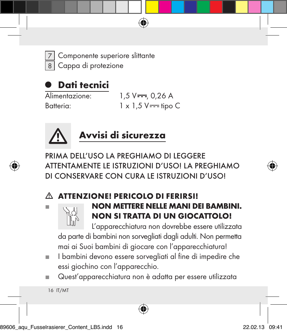 Dati tecnici, Avvisi di sicurezza | Aquapur H5773 Lint Remover User Manual | Page 16 / 50