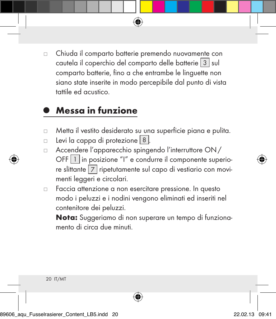 Messa in funzione | Aquapur H5773 Lint Remover User Manual | Page 20 / 50