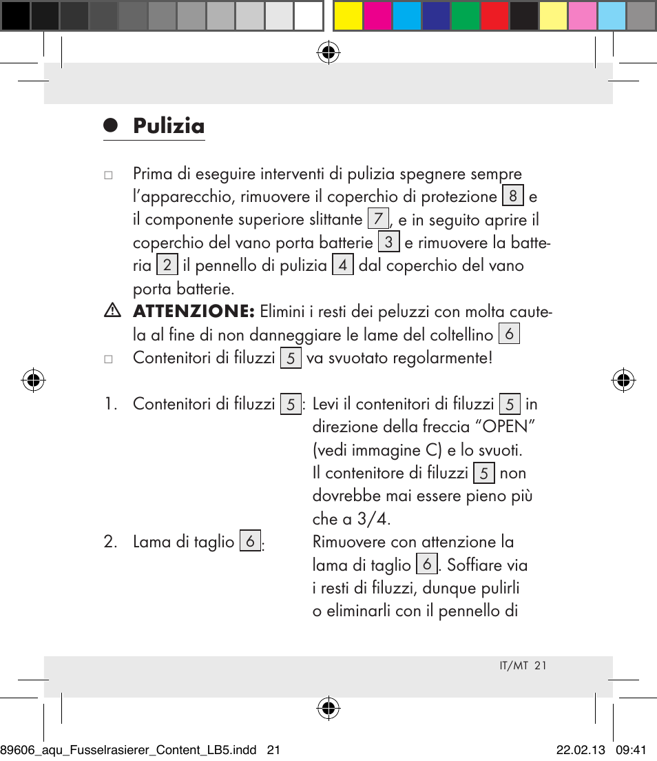 Pulizia | Aquapur H5773 Lint Remover User Manual | Page 21 / 50