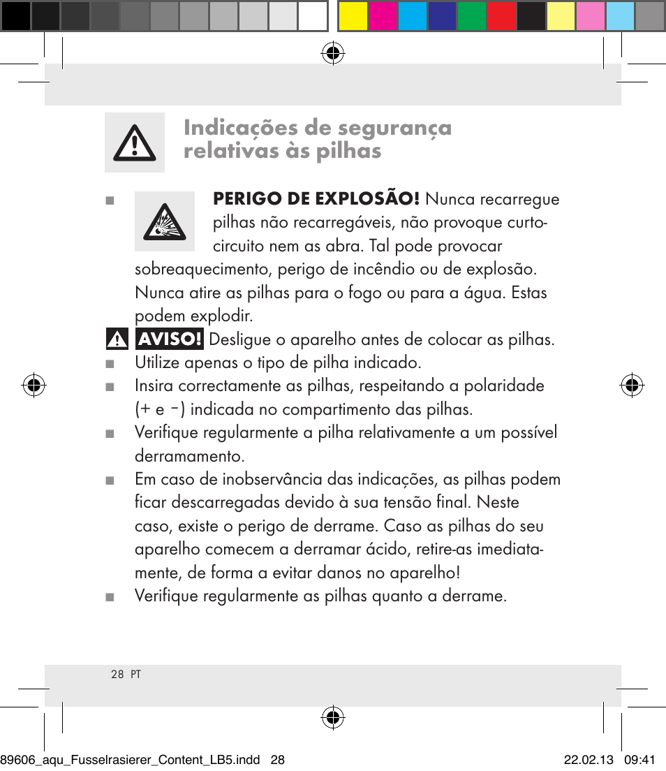 Indicações de segurança relativas às pilhas | Aquapur H5773 Lint Remover User Manual | Page 28 / 50