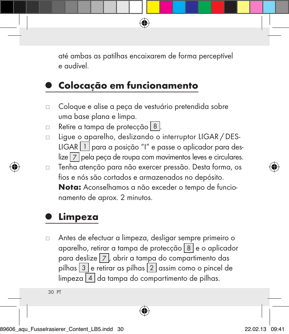 Colocação em funcionamento, Limpeza | Aquapur H5773 Lint Remover User Manual | Page 30 / 50