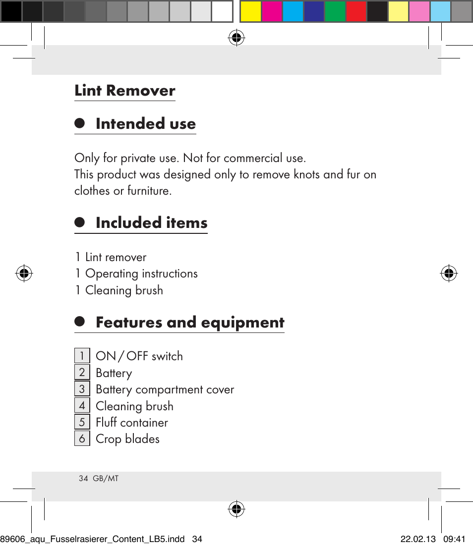 Lint remover, Intended use, Included items | Features and equipment | Aquapur H5773 Lint Remover User Manual | Page 34 / 50