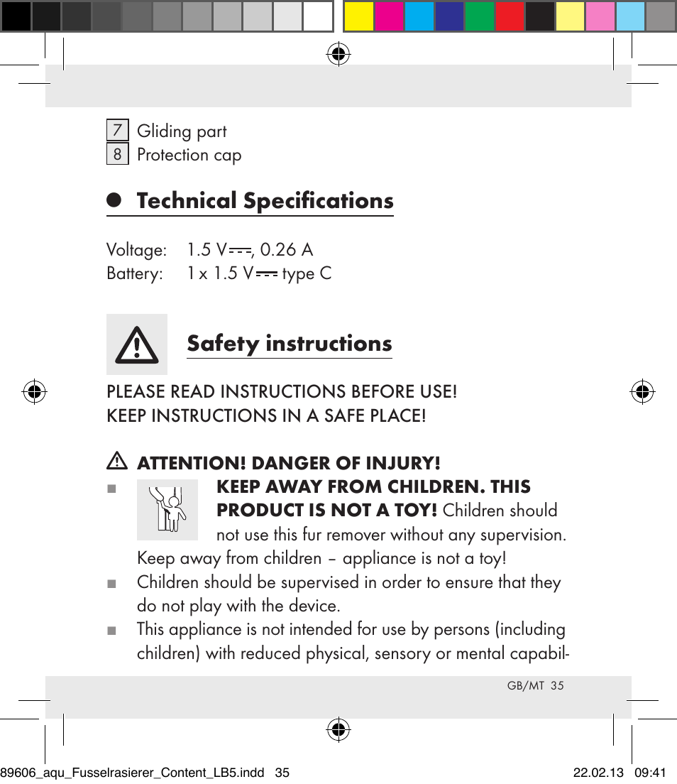Technical specifications, Safety instructions | Aquapur H5773 Lint Remover User Manual | Page 35 / 50