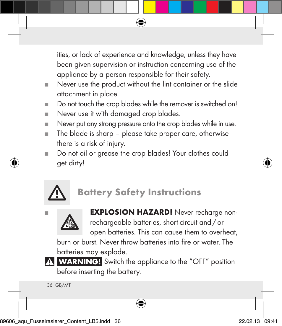 Battery safety instructions | Aquapur H5773 Lint Remover User Manual | Page 36 / 50