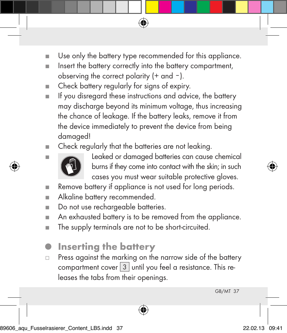 Inserting the battery | Aquapur H5773 Lint Remover User Manual | Page 37 / 50