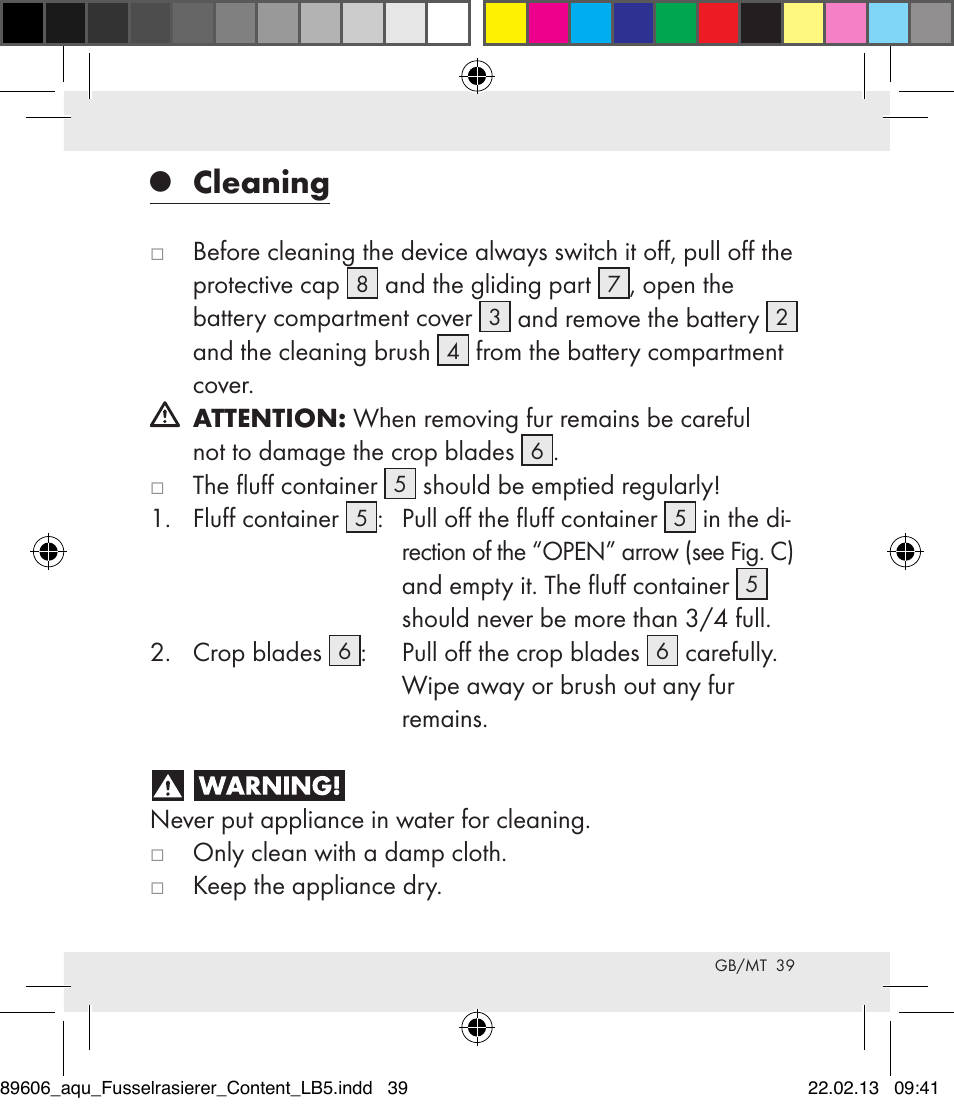 Cleaning | Aquapur H5773 Lint Remover User Manual | Page 39 / 50