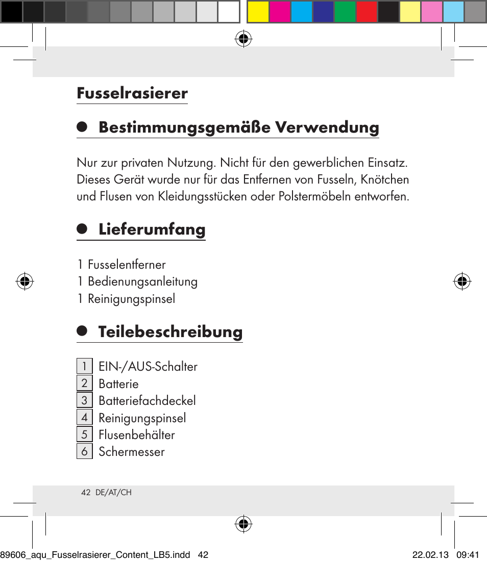 Fusselrasierer, Bestimmungsgemäße verwendung, Lieferumfang | Teilebeschreibung | Aquapur H5773 Lint Remover User Manual | Page 42 / 50