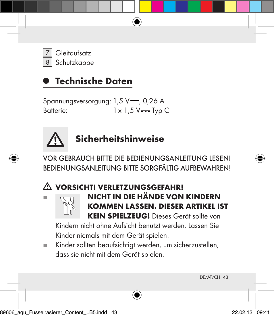 Technische daten, Sicherheitshinweise | Aquapur H5773 Lint Remover User Manual | Page 43 / 50