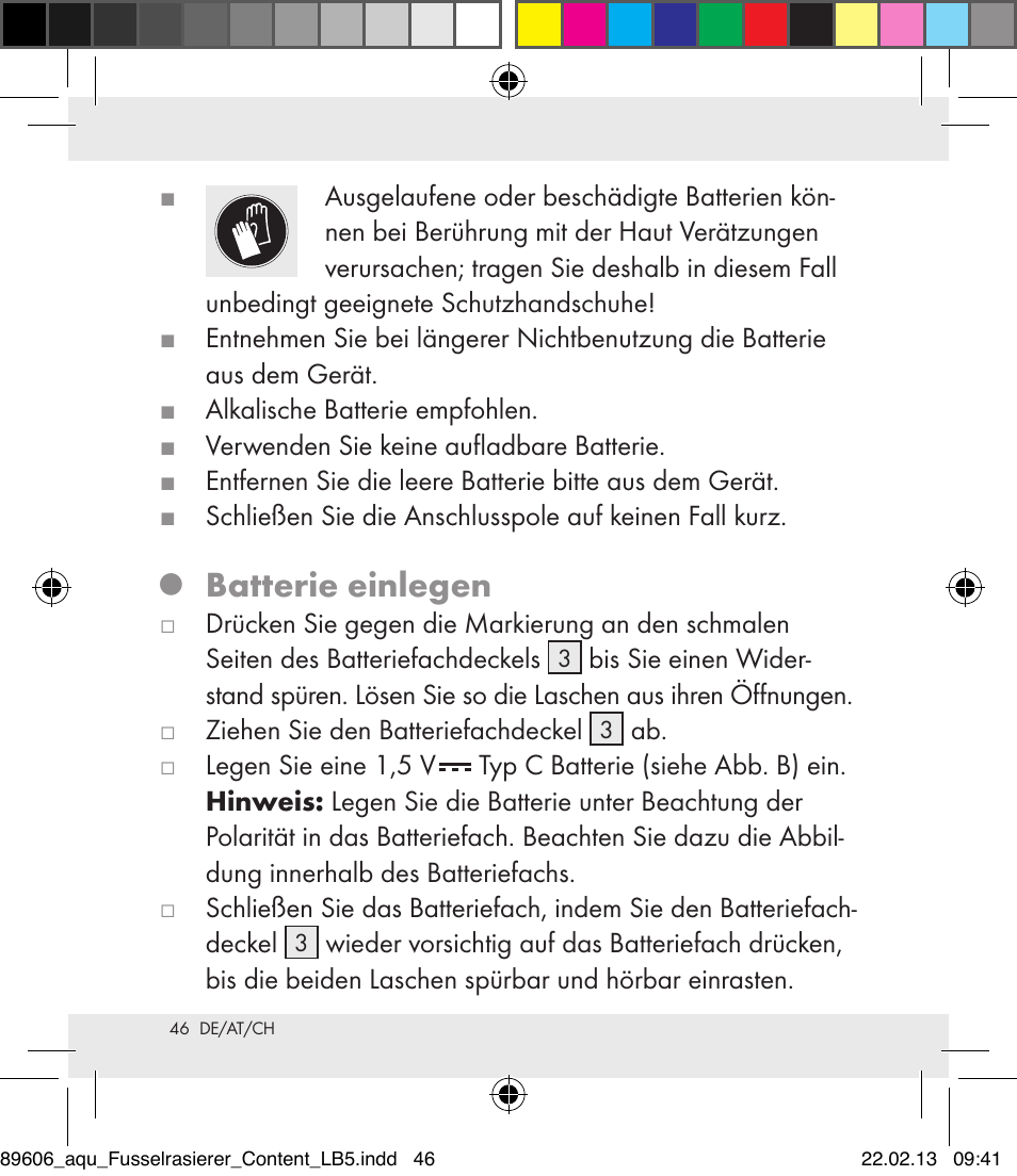 Batterie einlegen | Aquapur H5773 Lint Remover User Manual | Page 46 / 50