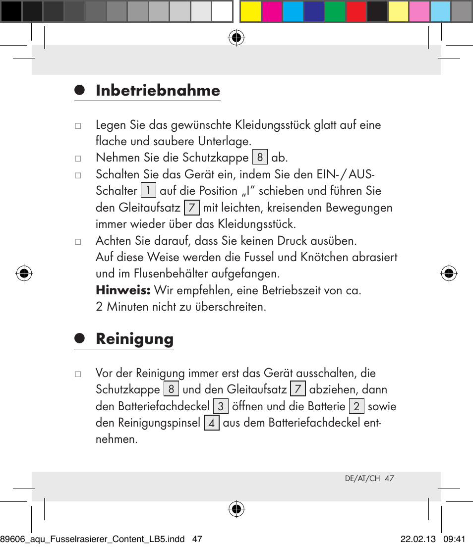 Inbetriebnahme, Reinigung | Aquapur H5773 Lint Remover User Manual | Page 47 / 50