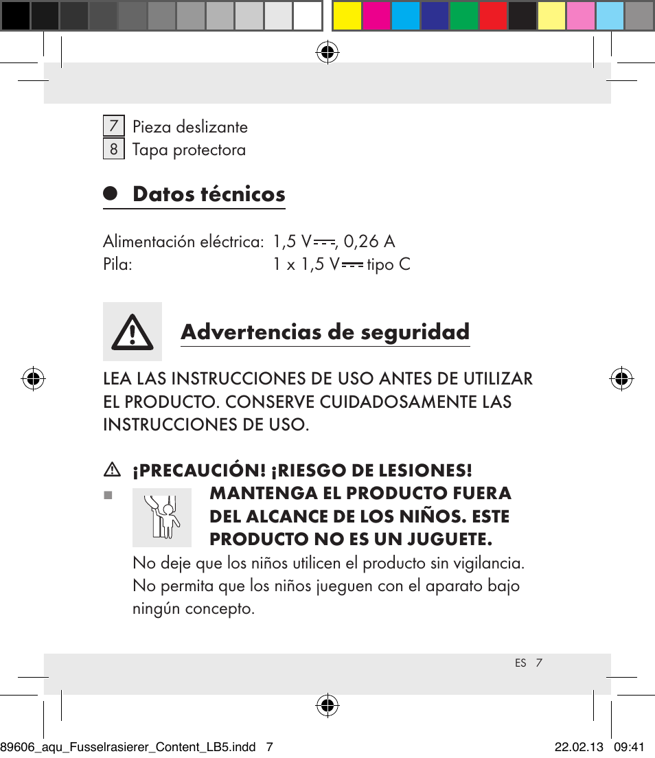 Datos técnicos, Advertencias de seguridad | Aquapur H5773 Lint Remover User Manual | Page 7 / 50