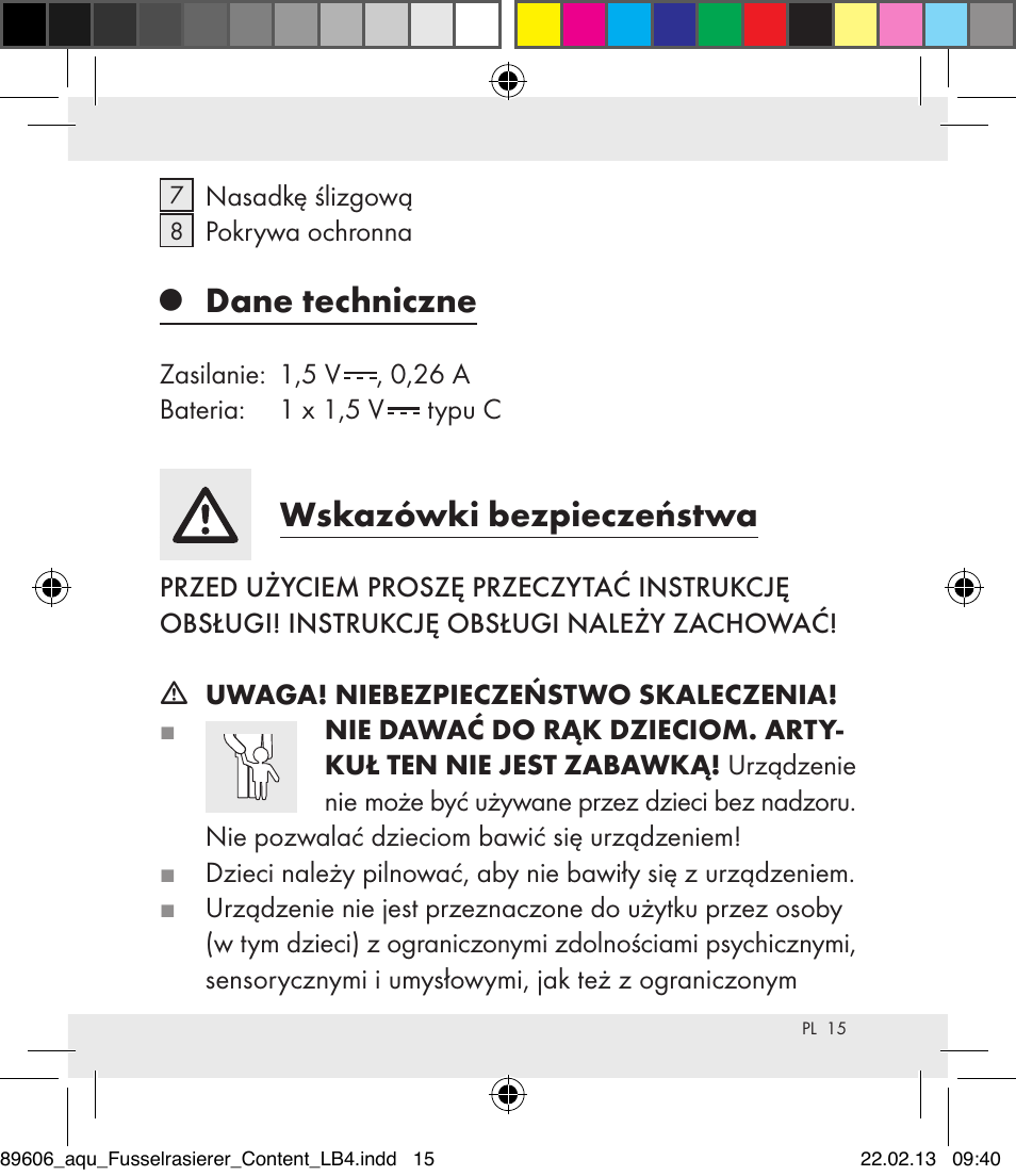 Dane techniczne, Wskazówki bezpieczeństwa | Aquapur H5773 Lint Remover User Manual | Page 15 / 67