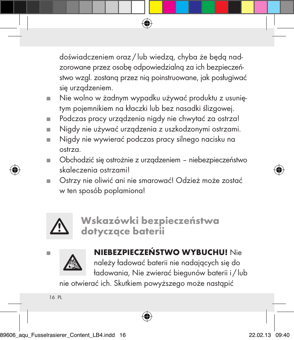 Wskazówki bezpieczeństwa dotyczące baterii | Aquapur H5773 Lint Remover User Manual | Page 16 / 67