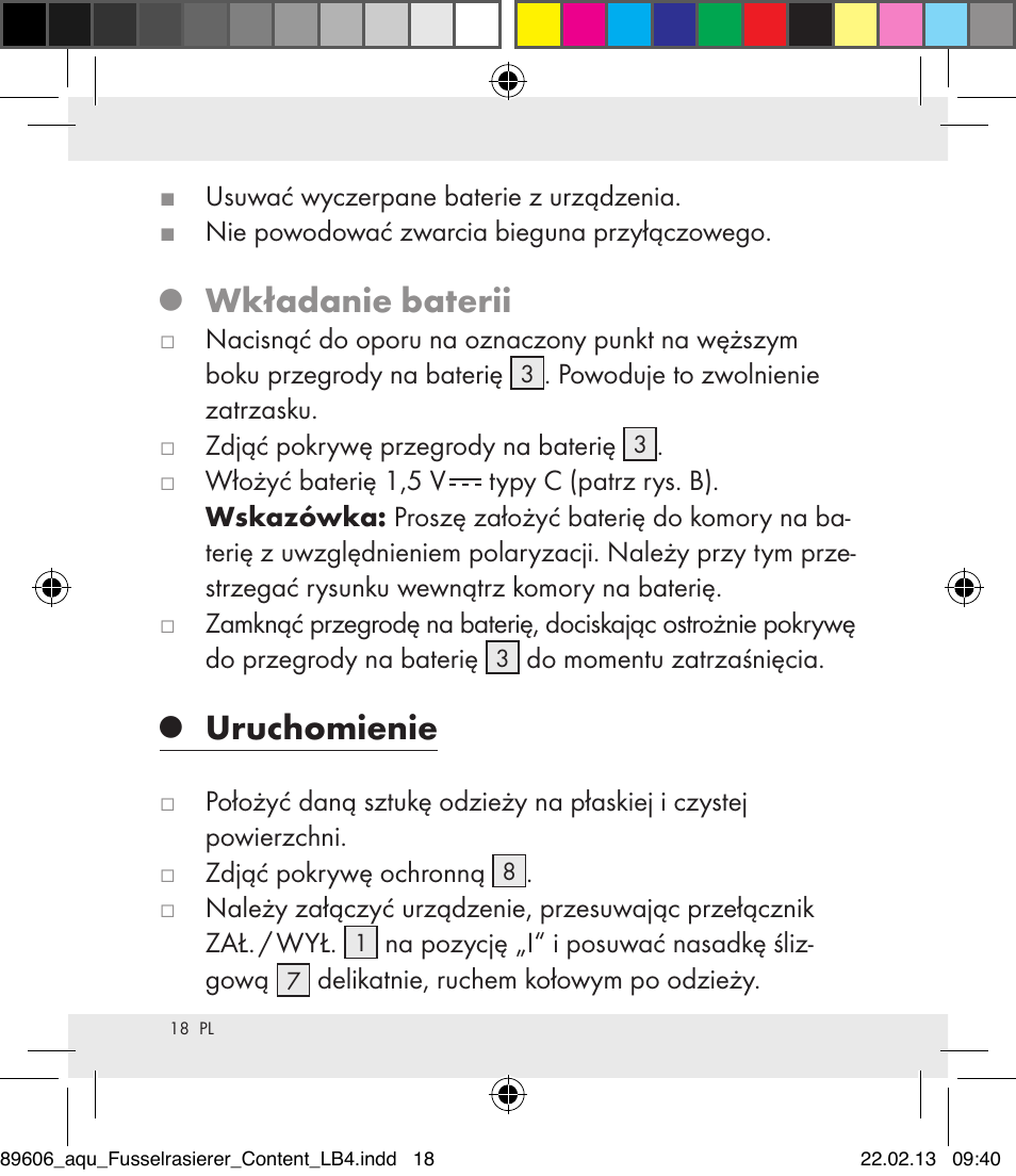 Wkładanie baterii, Uruchomienie | Aquapur H5773 Lint Remover User Manual | Page 18 / 67