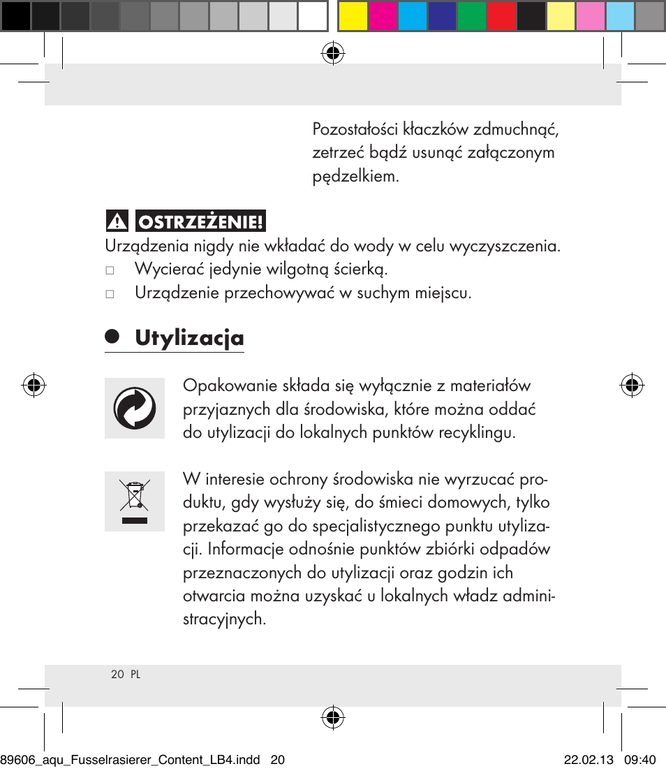 Utylizacja | Aquapur H5773 Lint Remover User Manual | Page 20 / 67