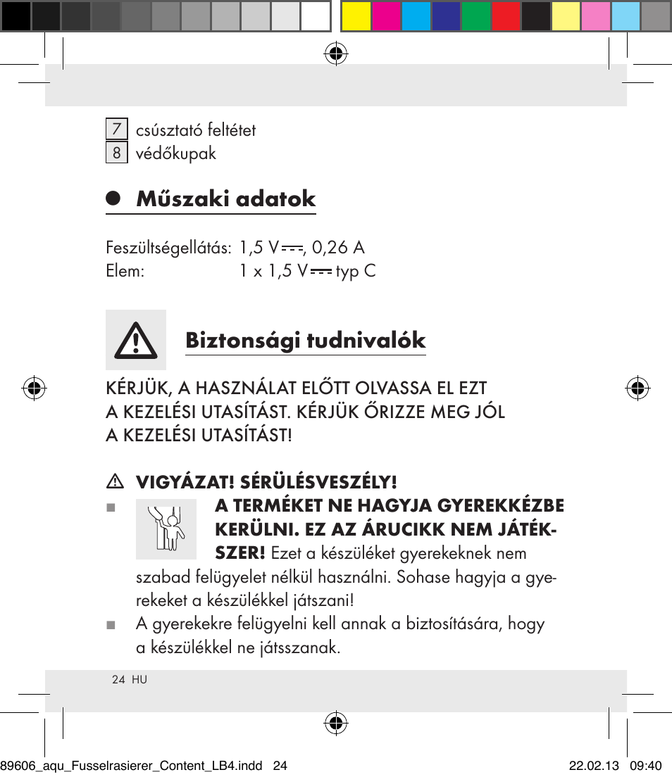 Műszaki adatok, Biztonsági tudnivalók | Aquapur H5773 Lint Remover User Manual | Page 24 / 67