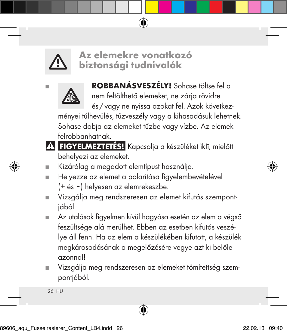 Az elemekre vonatkozó biztonsági tudnivalók | Aquapur H5773 Lint Remover User Manual | Page 26 / 67