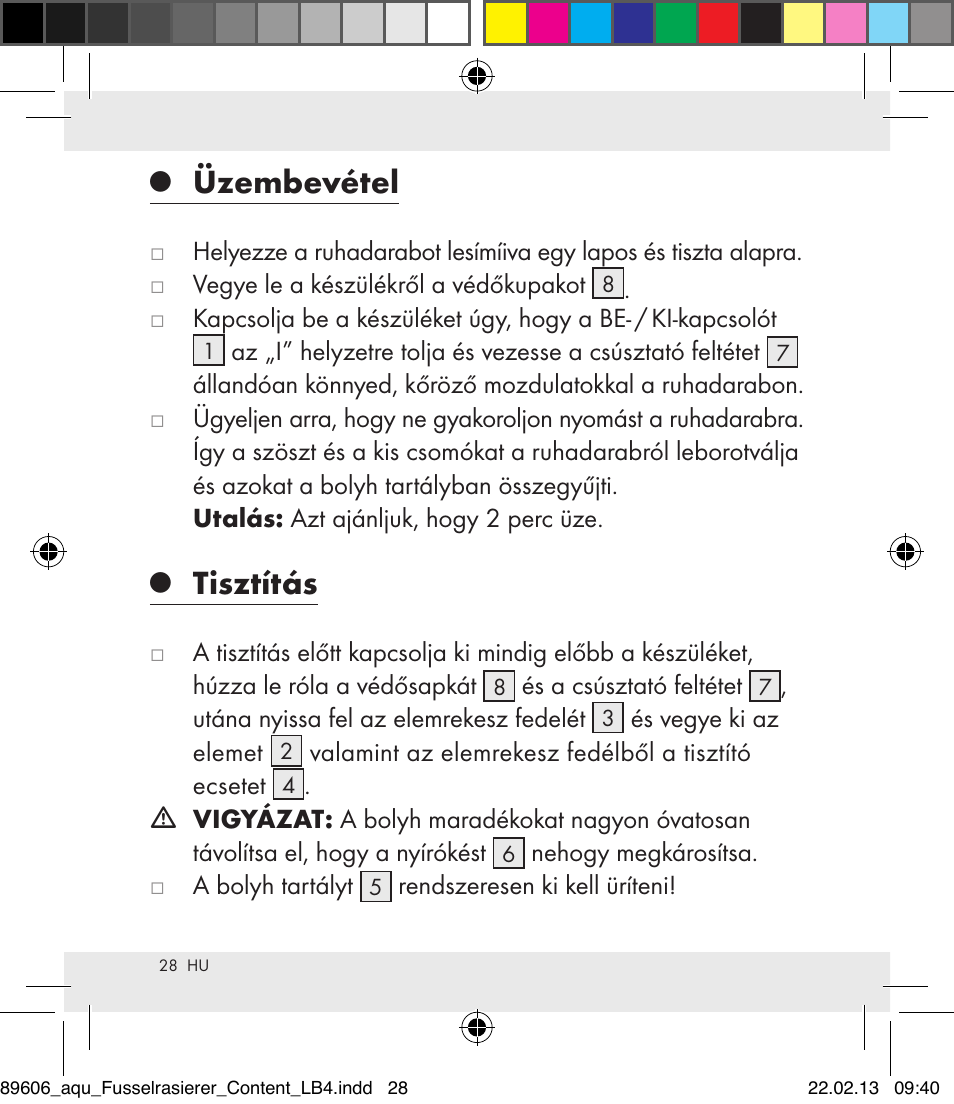 Üzembevétel, Tisztítás | Aquapur H5773 Lint Remover User Manual | Page 28 / 67