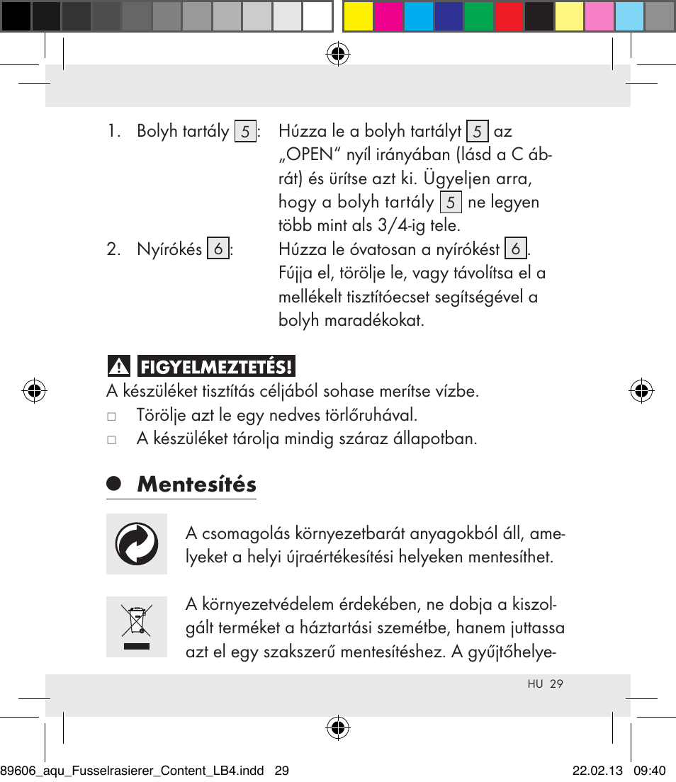 Mentesítés | Aquapur H5773 Lint Remover User Manual | Page 29 / 67