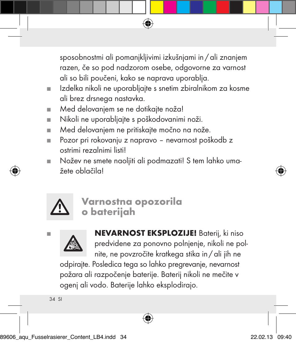 Varnostna opozorila o baterijah | Aquapur H5773 Lint Remover User Manual | Page 34 / 67